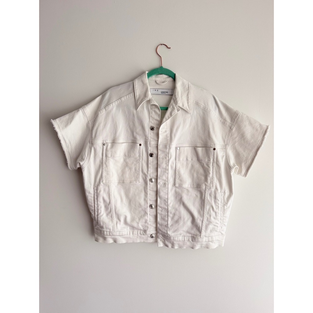 IRO White Short Sleeve Denim Jacket Raw Hem Boxy Fit Layering Street Chic Sz 36